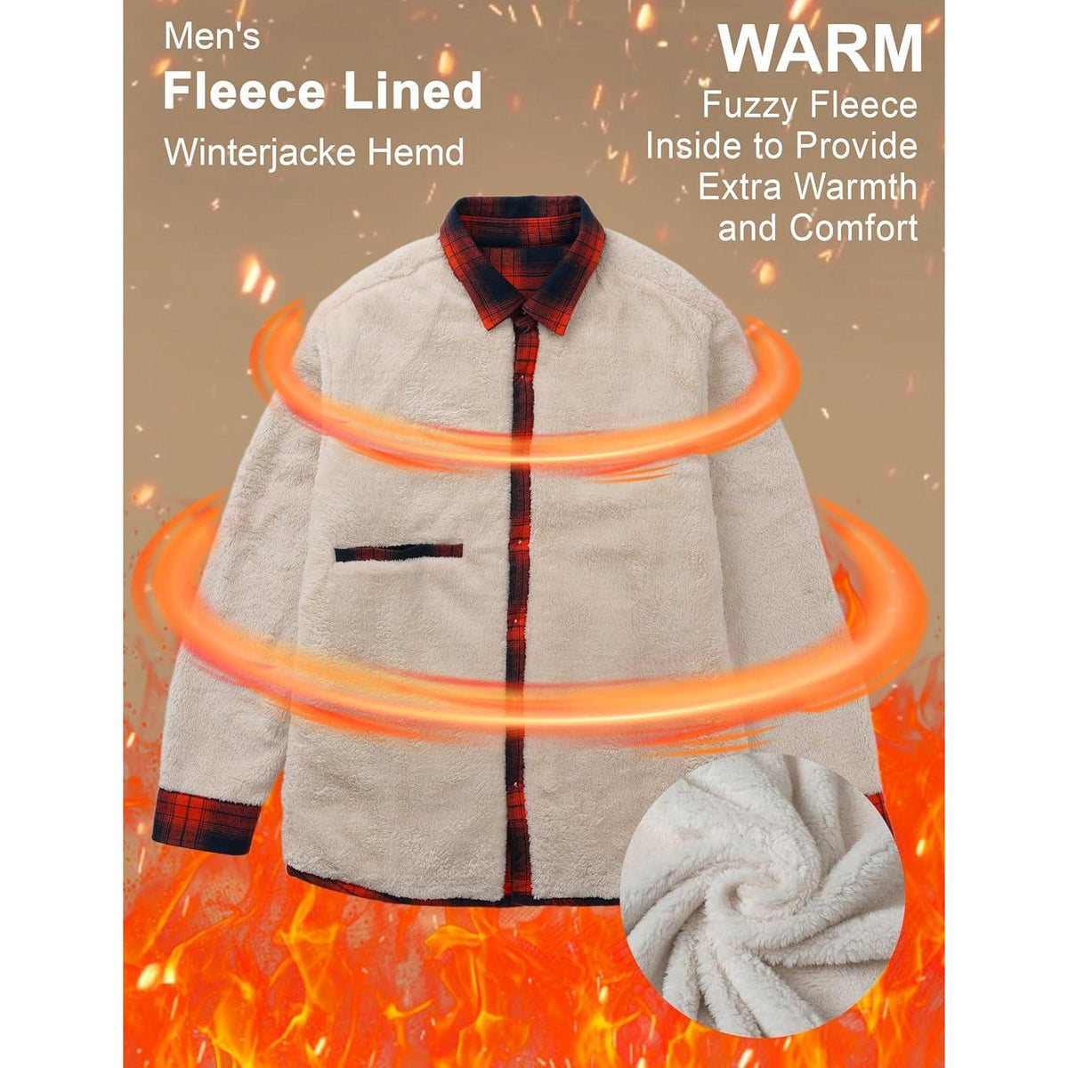 Herren Winterjacke Hemd Kariert Gefüttert Orange | Thermo Freizeithemd mit Taschen