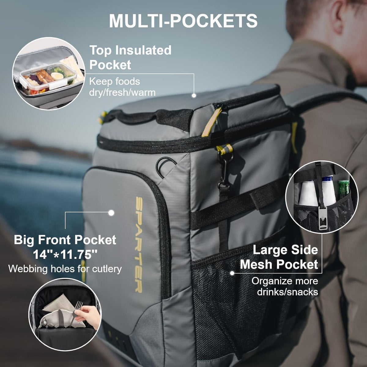 Isolierter Rucksack-Kühler 49 Dosen – Grau, Wasserdicht & Tragbar