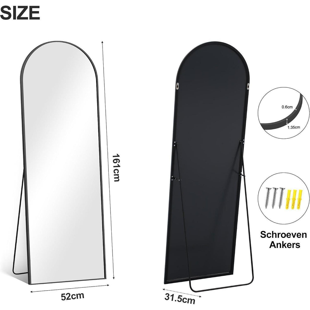 Großer Standspiegel 161x52cm – Schwarz, Verstellbar & Wandmontage