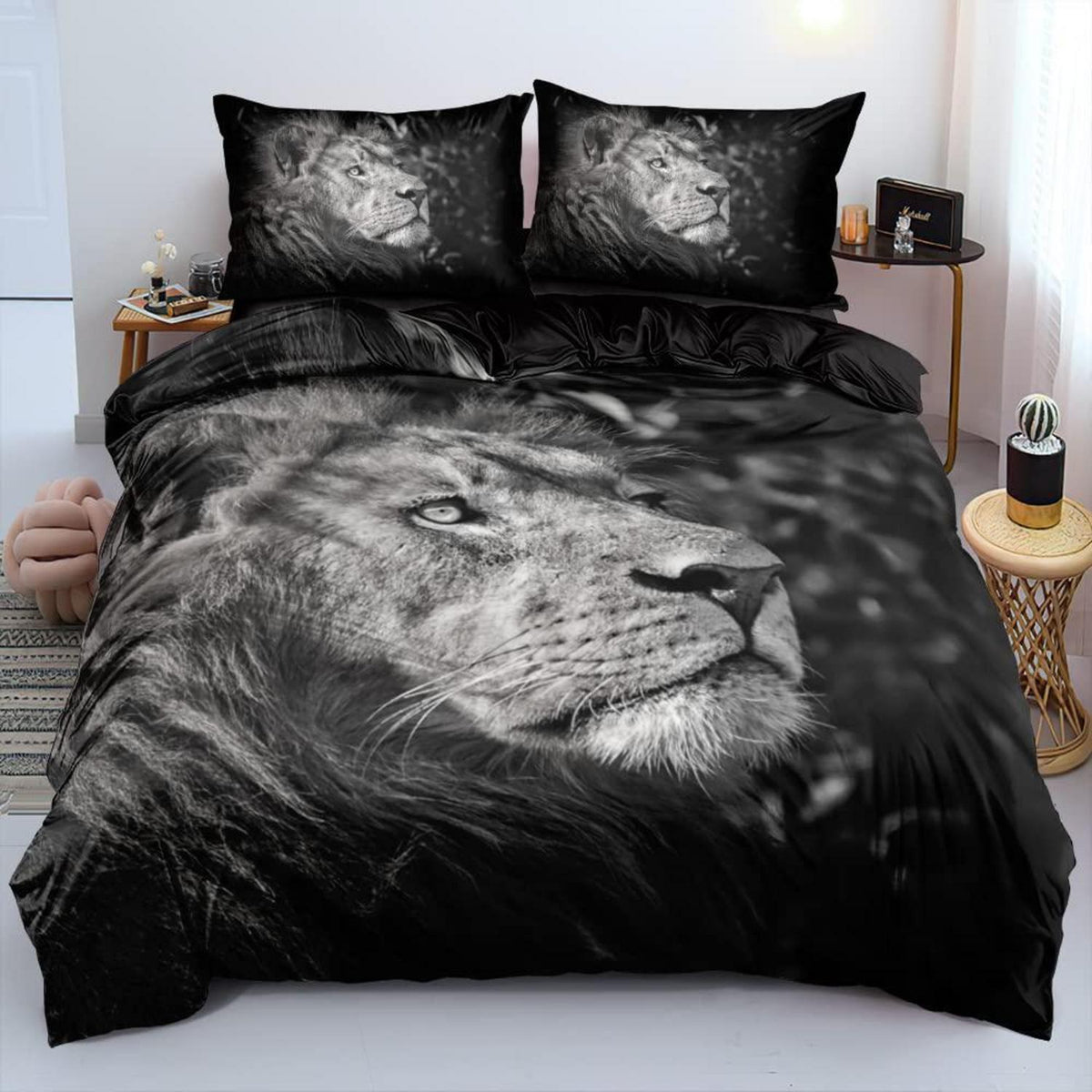 3D Löwen Bettwäsche 135x200 - Wendebettwäsche Schwarz Grau