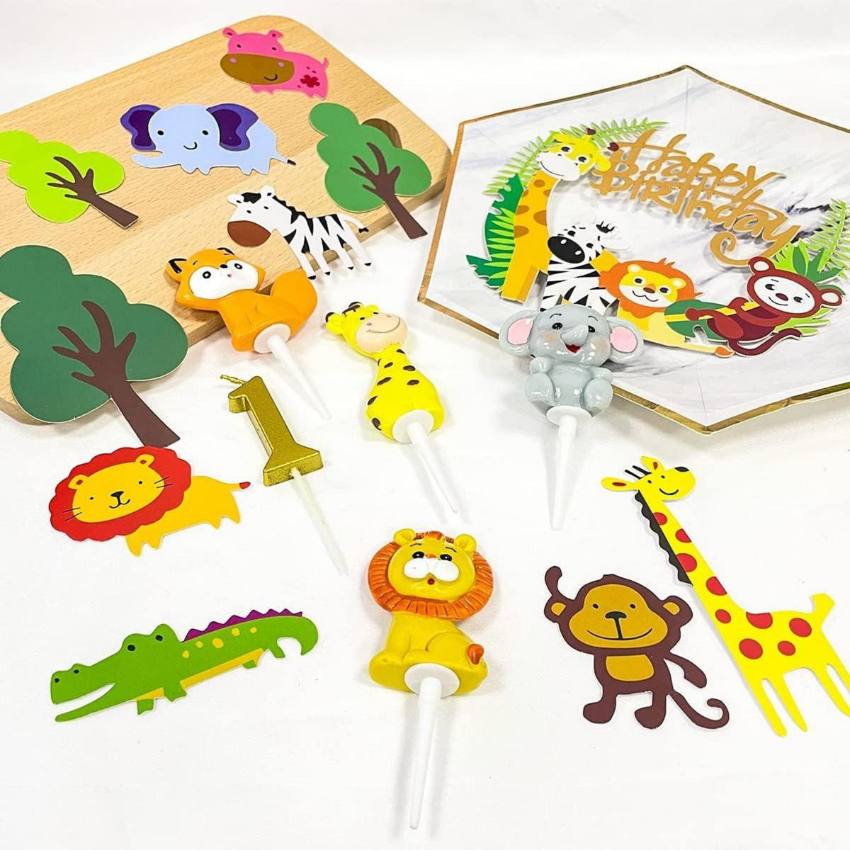 16 Stück Waldtiere Tier Tortendeko Happy Birthday Safari Zoo Dschungel Cake Topper 1. Geburtstag