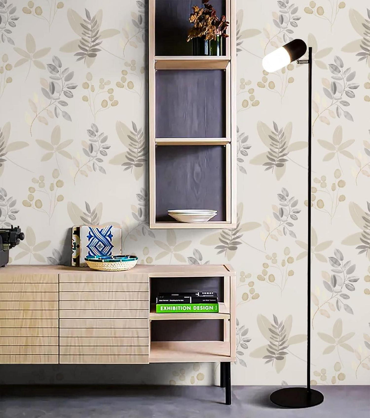 Selbstklebende Tapete Floral Blätter Weiß Grau 0.4W x 6L m