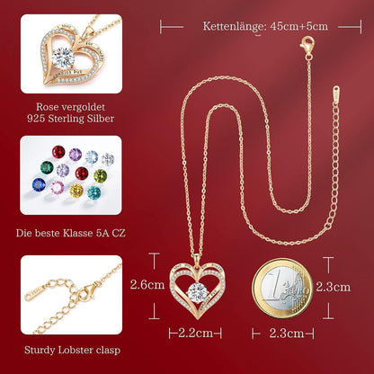 Halskette Damen Herz Anhänger mit Geburtsstein 925 Sterling Silber Roségold