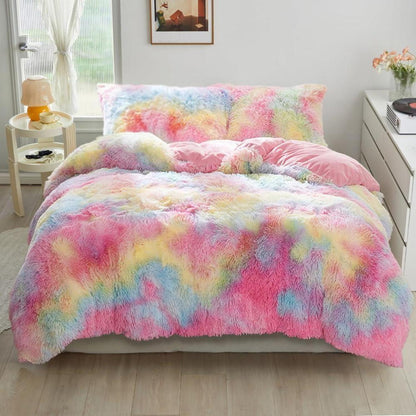 Winter Plüsch Bettwäsche Set Regenbogen Bunt 200x220 cm