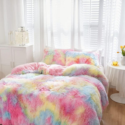Winter Plüsch Bettwäsche Set Regenbogen Bunt 200x220 cm