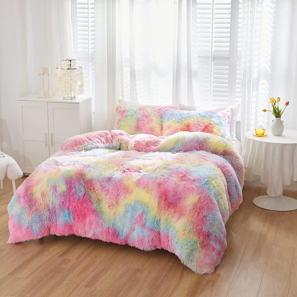 Winter Plüsch Bettwäsche Set 135x200 Regenbogen Bunt