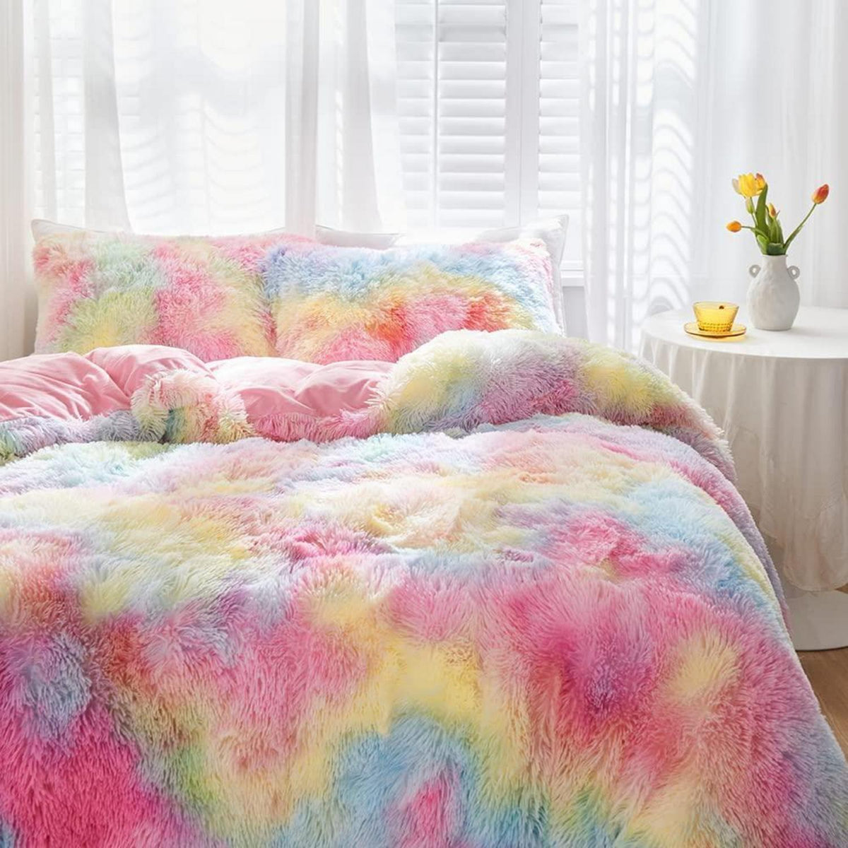 Winter Plüsch Bettwäsche Set Regenbogen Bunt 200x200 cm