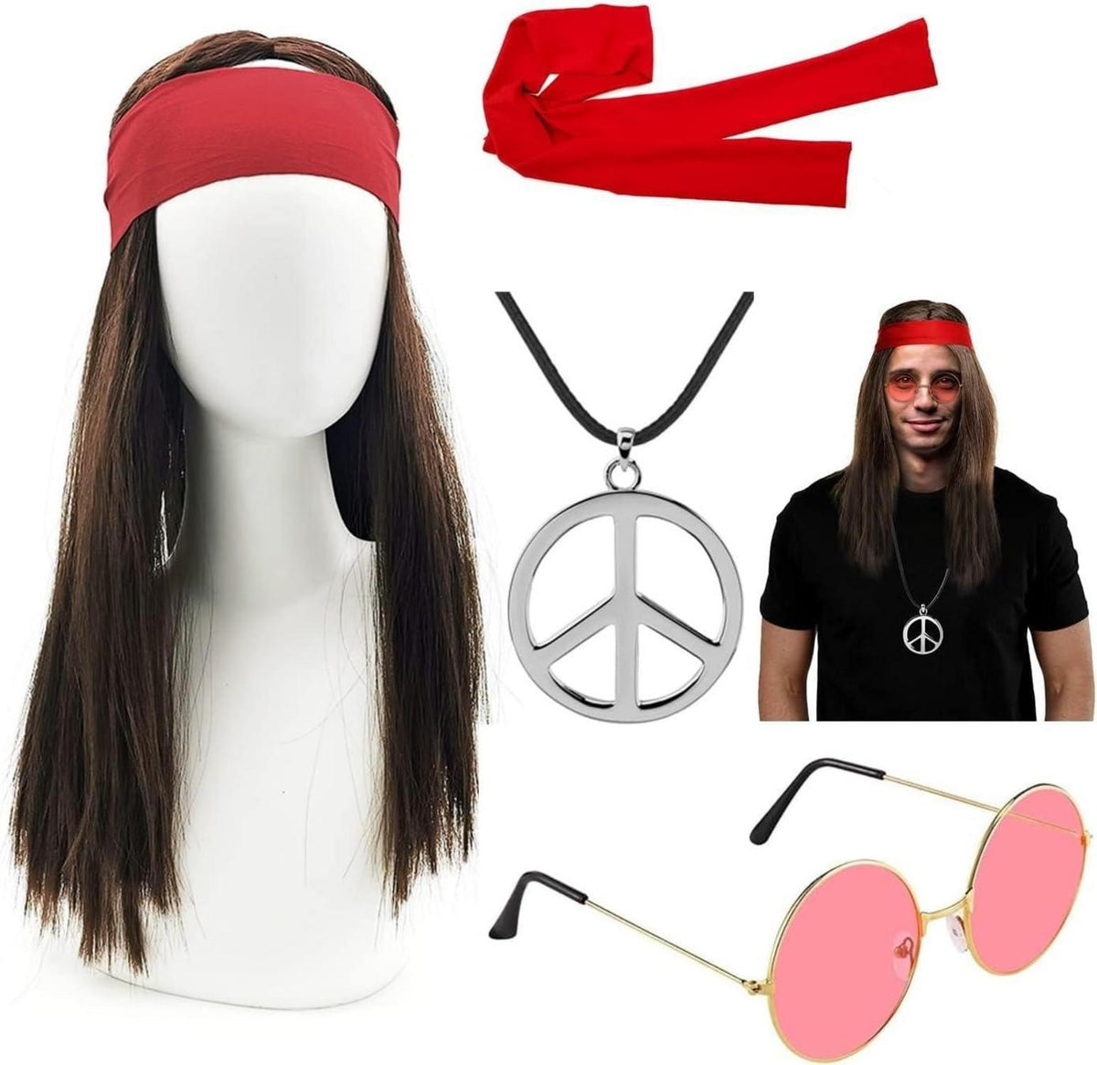 iZoeL Hippie Kostüm Set 70er Jahre Herren Karneval Fasching Halloween