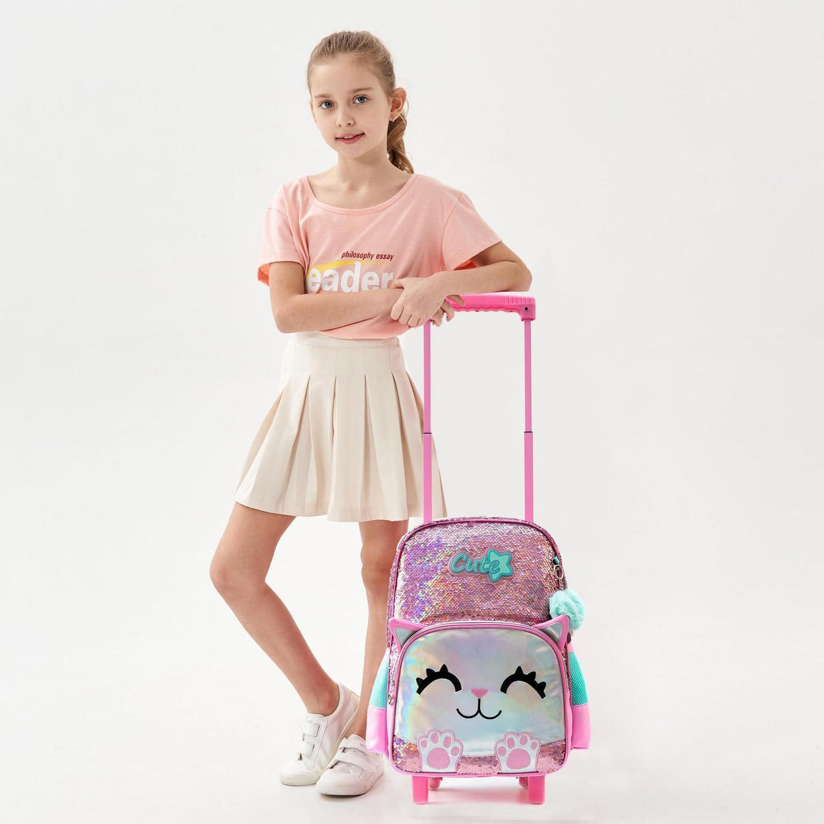 Mädchen Rolling Backpack mit Rädern & Pailletten-Katze 6-8 Jahre