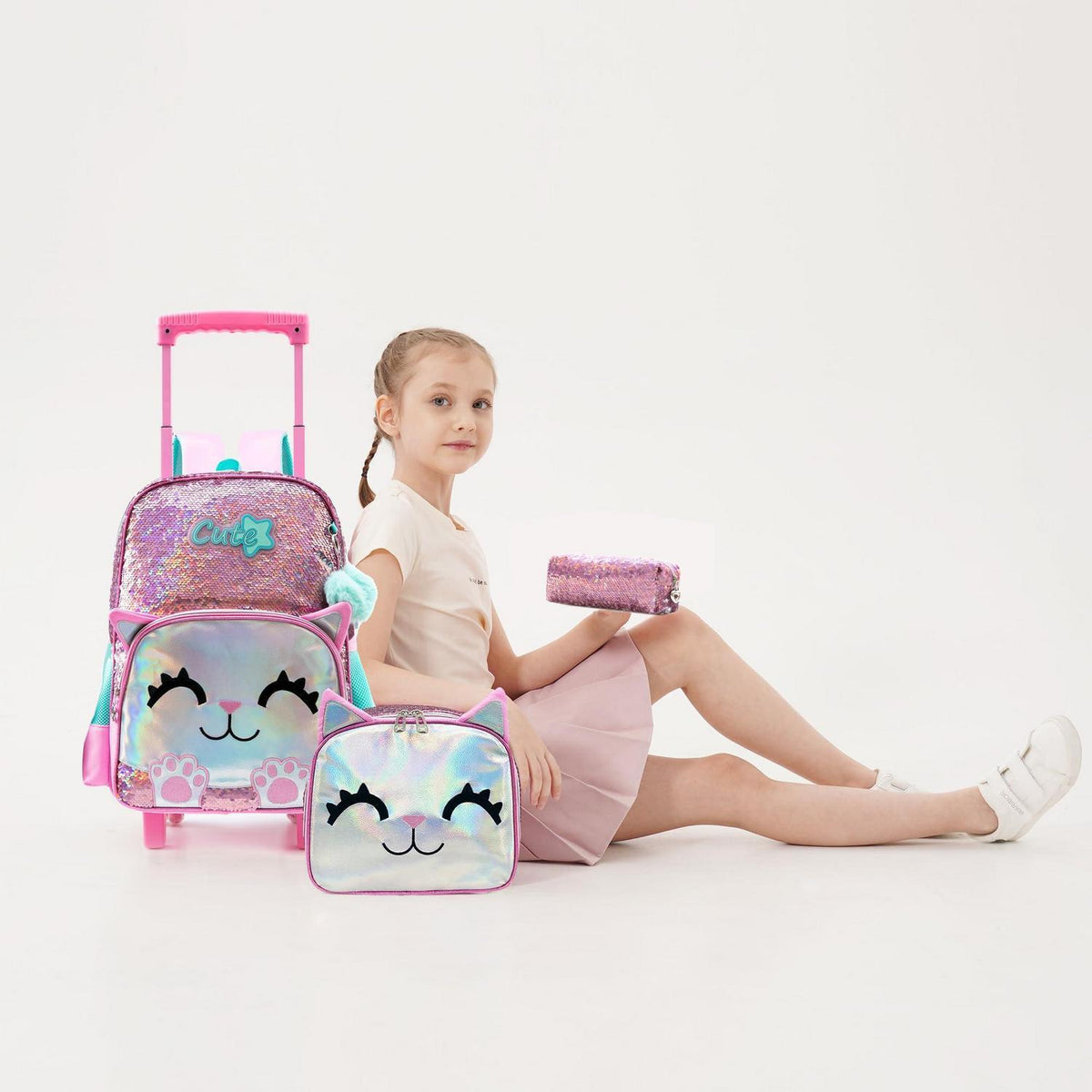 Mädchen Rolling Backpack mit Rädern & Pailletten-Katze 6-8 Jahre