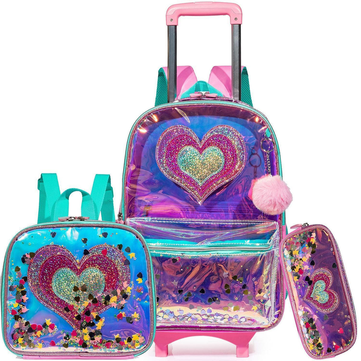 Rollrucksack für Mädchen mit Rädern & Brotdose – 17 Zoll