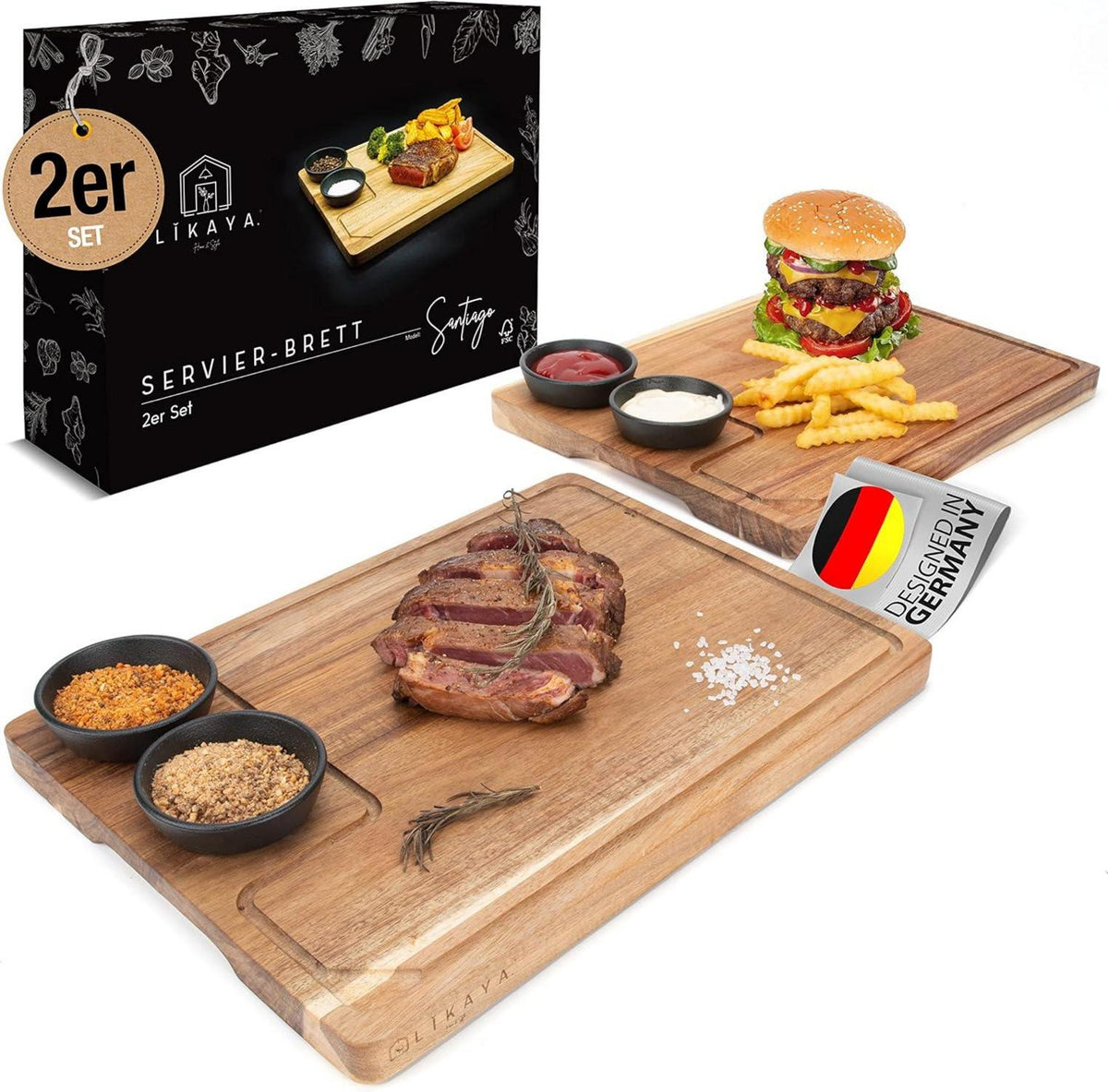 Servierbrett XXL Set aus Akazien-Holz mit Saucen Schüsseln