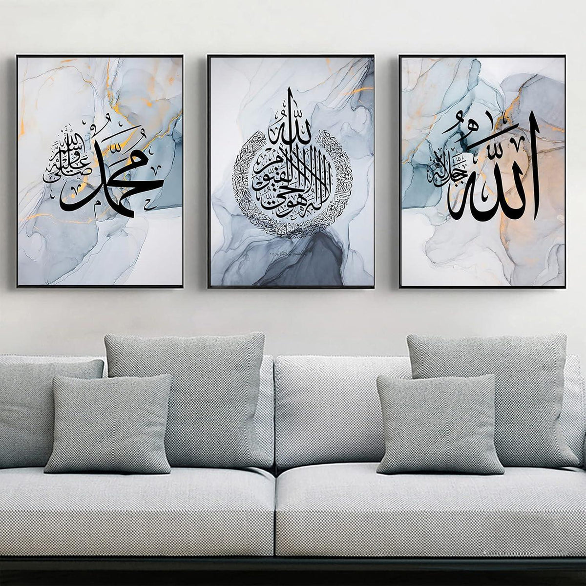 Islamische Kalligraphie Leinwand Bilder Allah Zitate Blau 3er Set 50x70cm