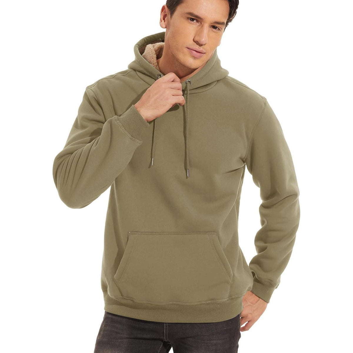 Herren Sherpa Hoodie mit Kängurutasche Khaki XL