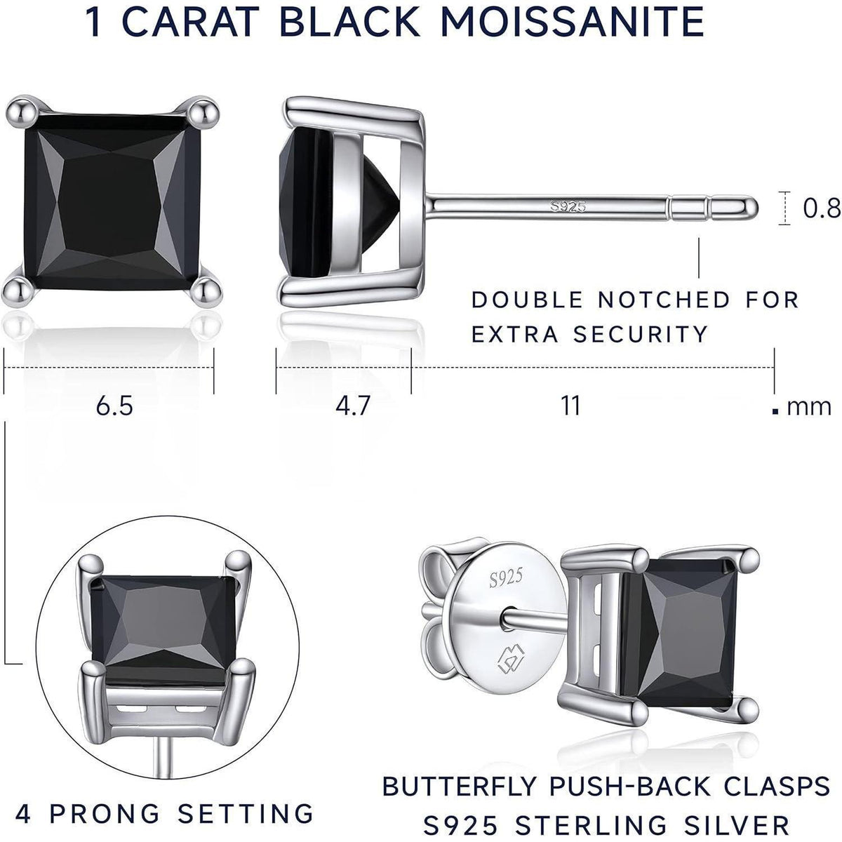 Schwarze Moissanite Ohrstecker 2 Karat Quadratisch 925 Silber