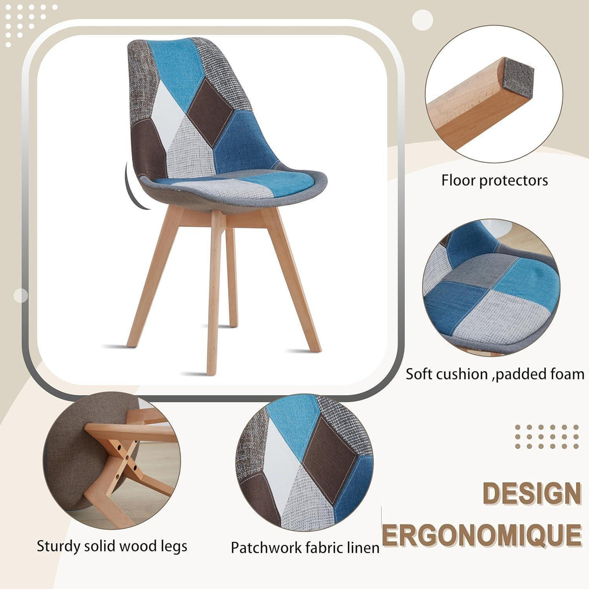 Patchwork Esszimmerstühle Set Blau mit Sitzkissen