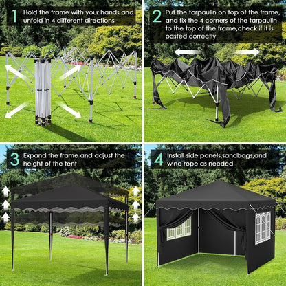 3x3 Faltpavillon Winterfest mit Oxford & Seitenteilen Schwarz