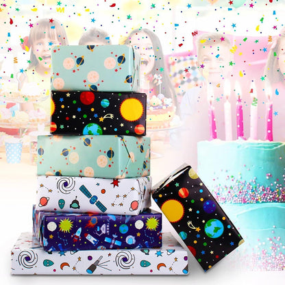 Weltraum Geschenkpapier Set für Kindergeburtstag Blau Weiß