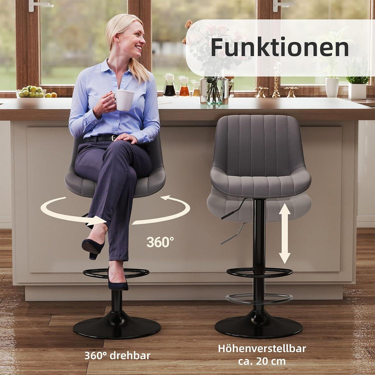 Drehbarer Barhocker 2er Set, Höhenverstellbar, Dunkelgrau