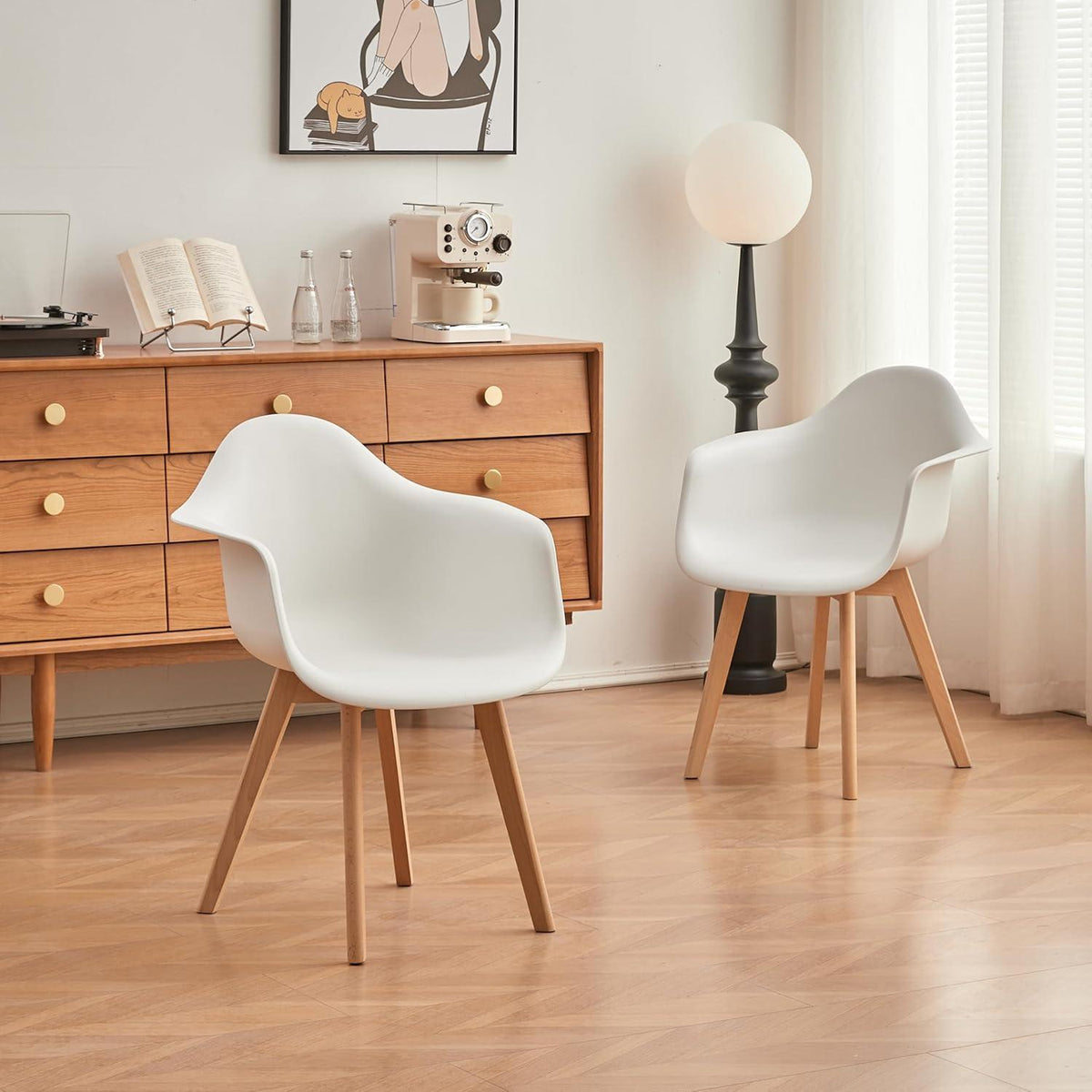 Moderner Esszimmerstuhl Set (2x) – Weiß, Buchenholz Beine