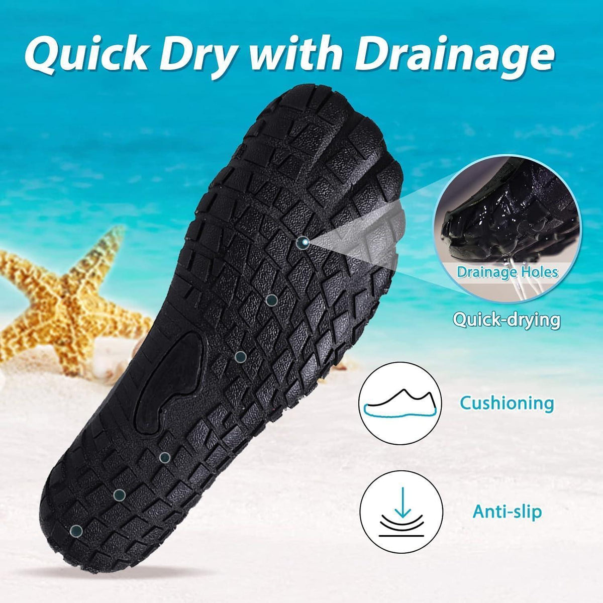 Aqua Schuhe Damen Herren Schnelltrocknend mit Drainagelöchern Schwarz