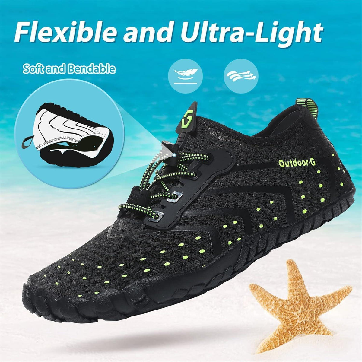 Aqua Schuhe Damen Herren Schnelltrocknend mit Drainagelöchern Schwarz