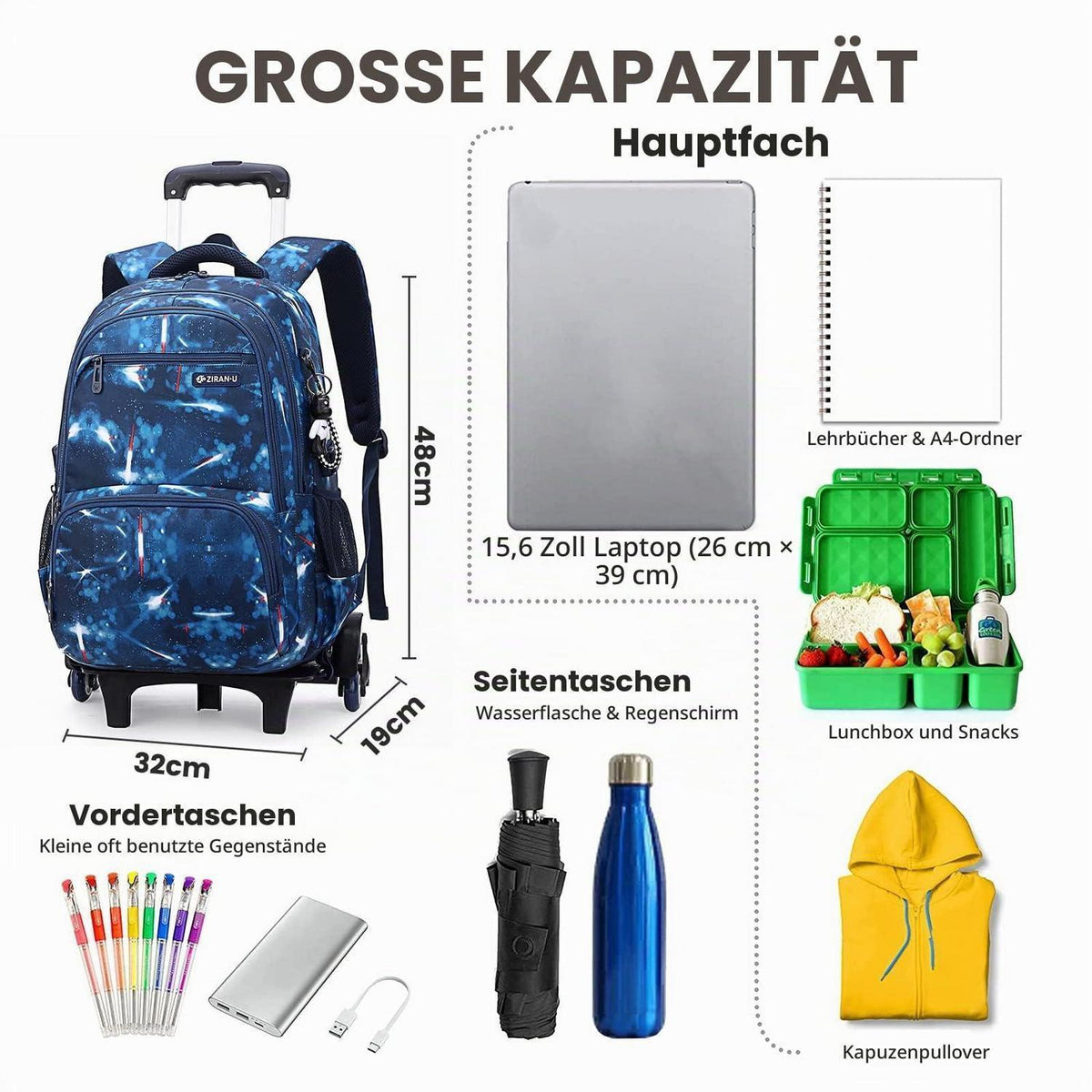 Rucksack Trolley für Jungen, Blau – Schulrucksack mit Rollen