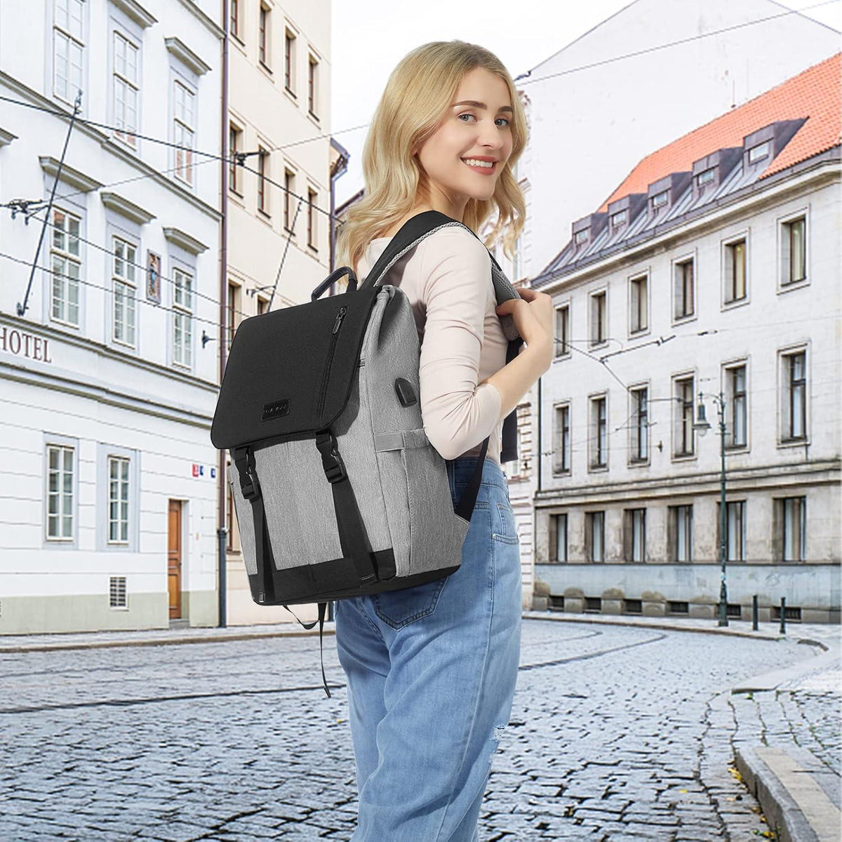LOVEVOOK Rucksack Damen Herren 15.6 Zoll Laptop Schulrucksack Wasserfest Uni Reise Business Grau Schwarz