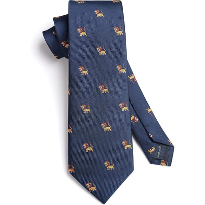 Herren Krawatten Set mit Tiermuster und Einstecktuch, Navy Blau