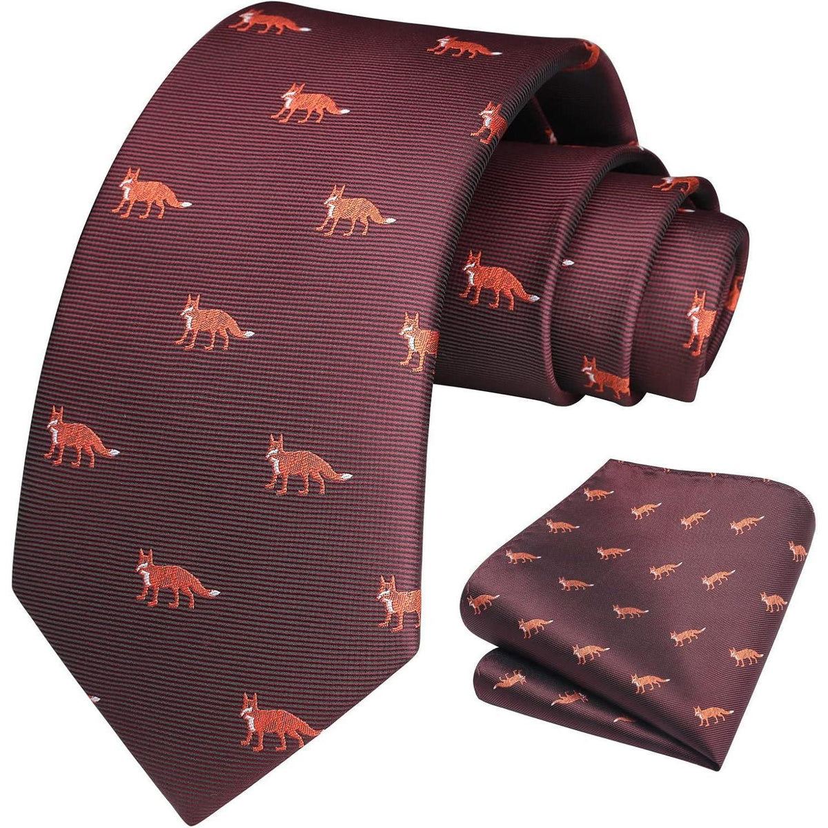 Krawatten-Set Herren mit Tiermuster, Einstecktuch, Business & Hochzeit, Burgund