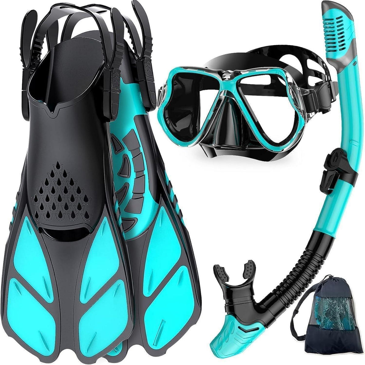 Schnorchelset Erwachsene mit Flossen, Panorama Maske, Dry Top Schnorchel, Schwarzgrün L-XL