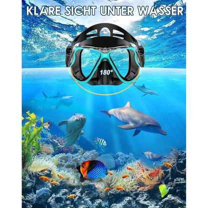 Schnorchelset Erwachsene mit Flossen, Panorama Maske, Dry Top Schnorchel, Schwarzgrün L-XL