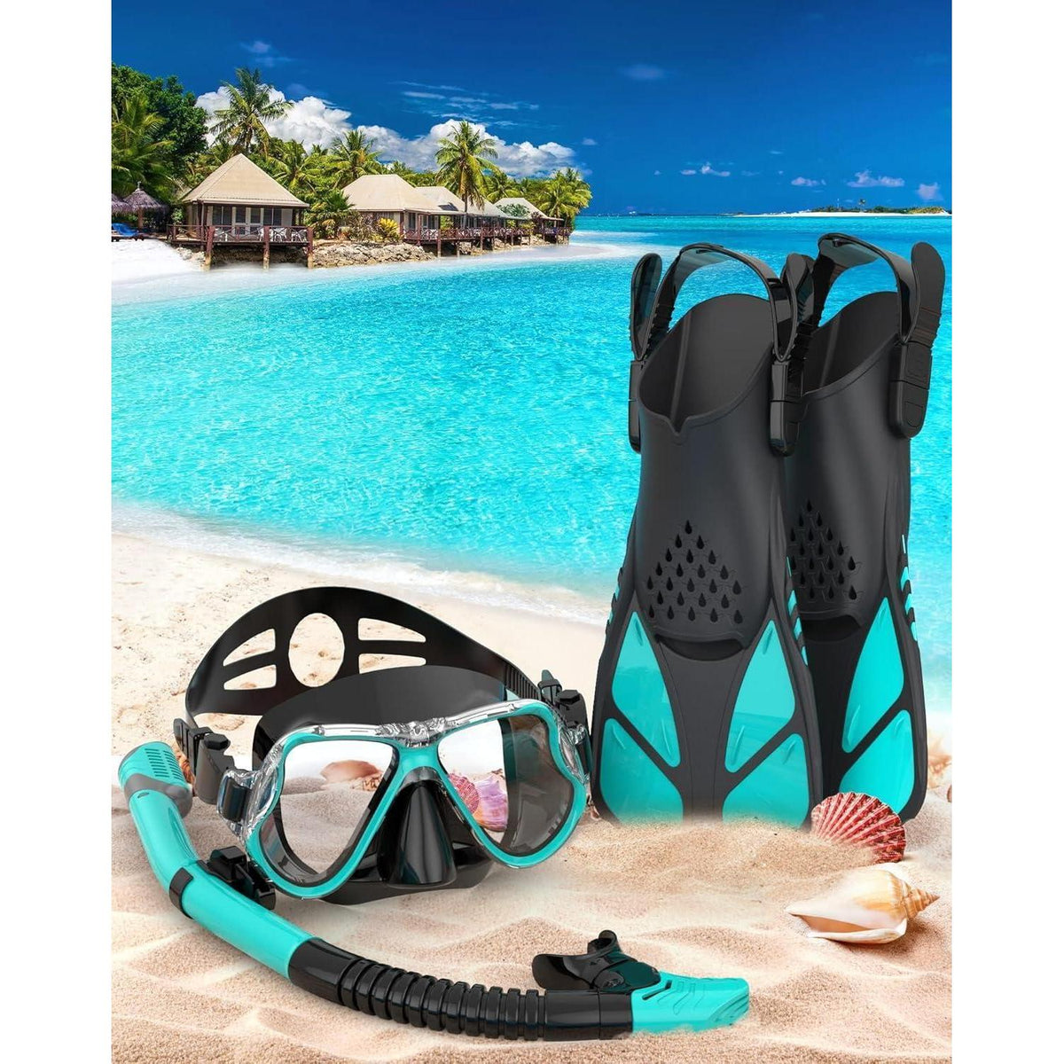 Schnorchelset Erwachsene mit Flossen, Panorama Maske, Dry Top Schnorchel, Schwarzgrün L-XL