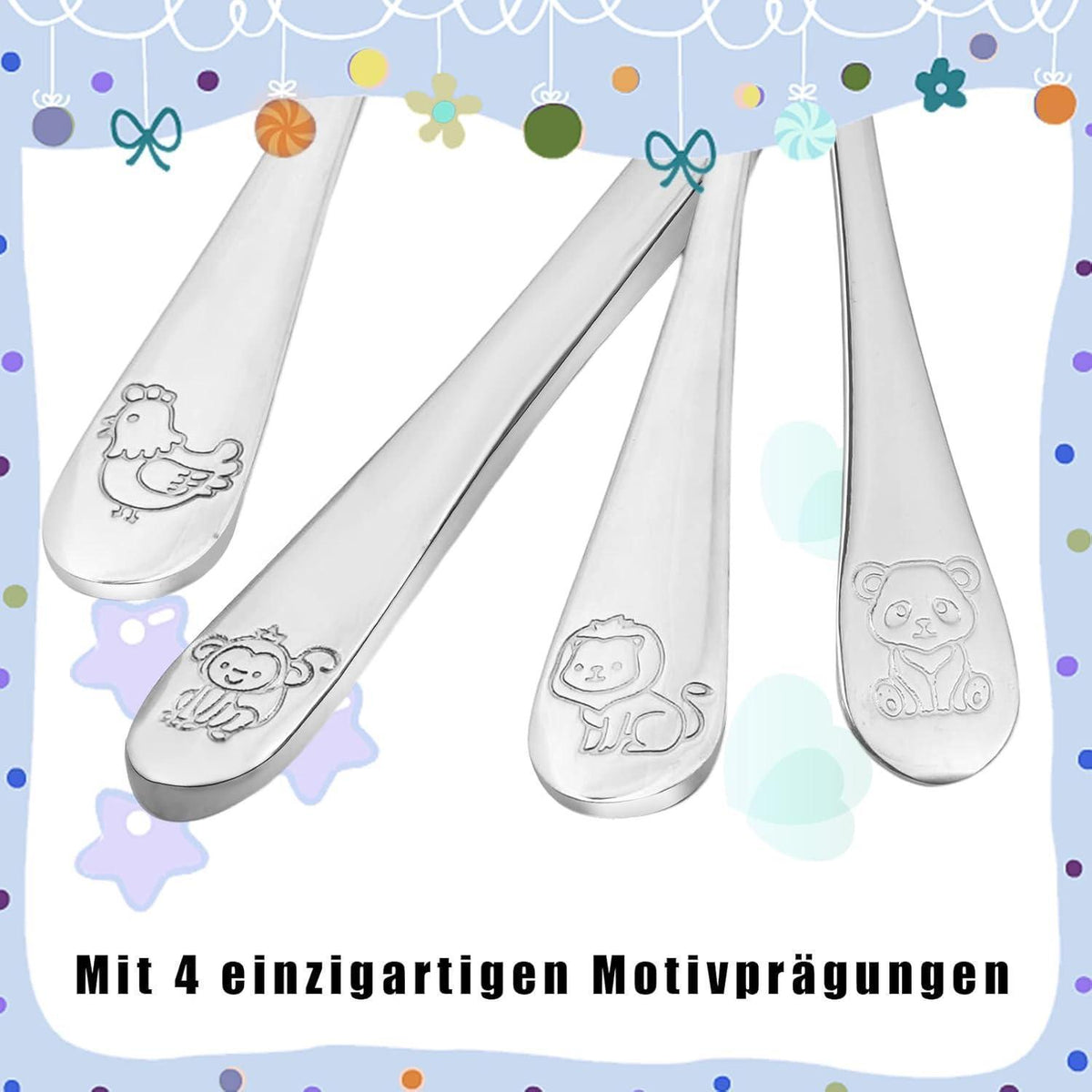 Kinderbesteck Set 4-teilig Edelstahl Tiere – Geschenk für Kinder
