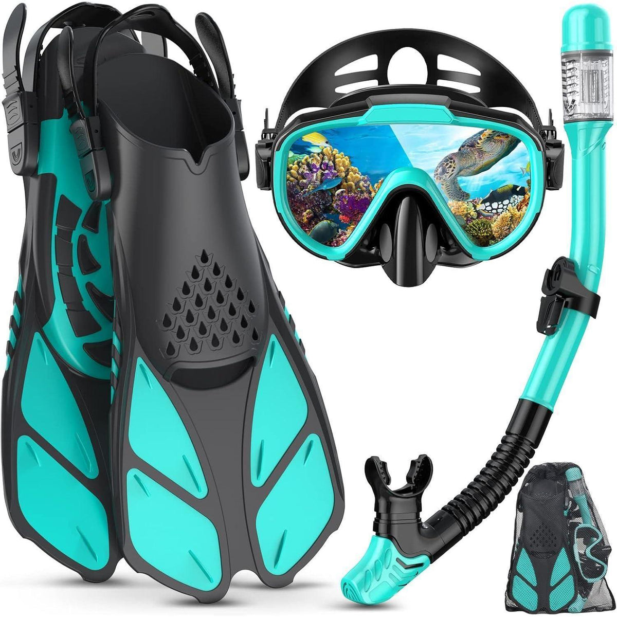 Schnorchelset Erwachsene mit Flossen, Dry Schnorchel & Anti-Fog Maske, L-XL Grün