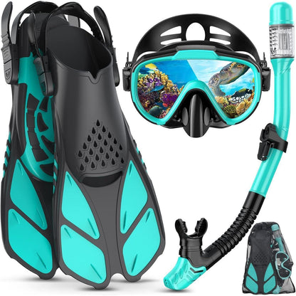 Schnorchelset Erwachsene mit Flossen, Dry Schnorchel & Anti-Fog Maske, L-XL Grün