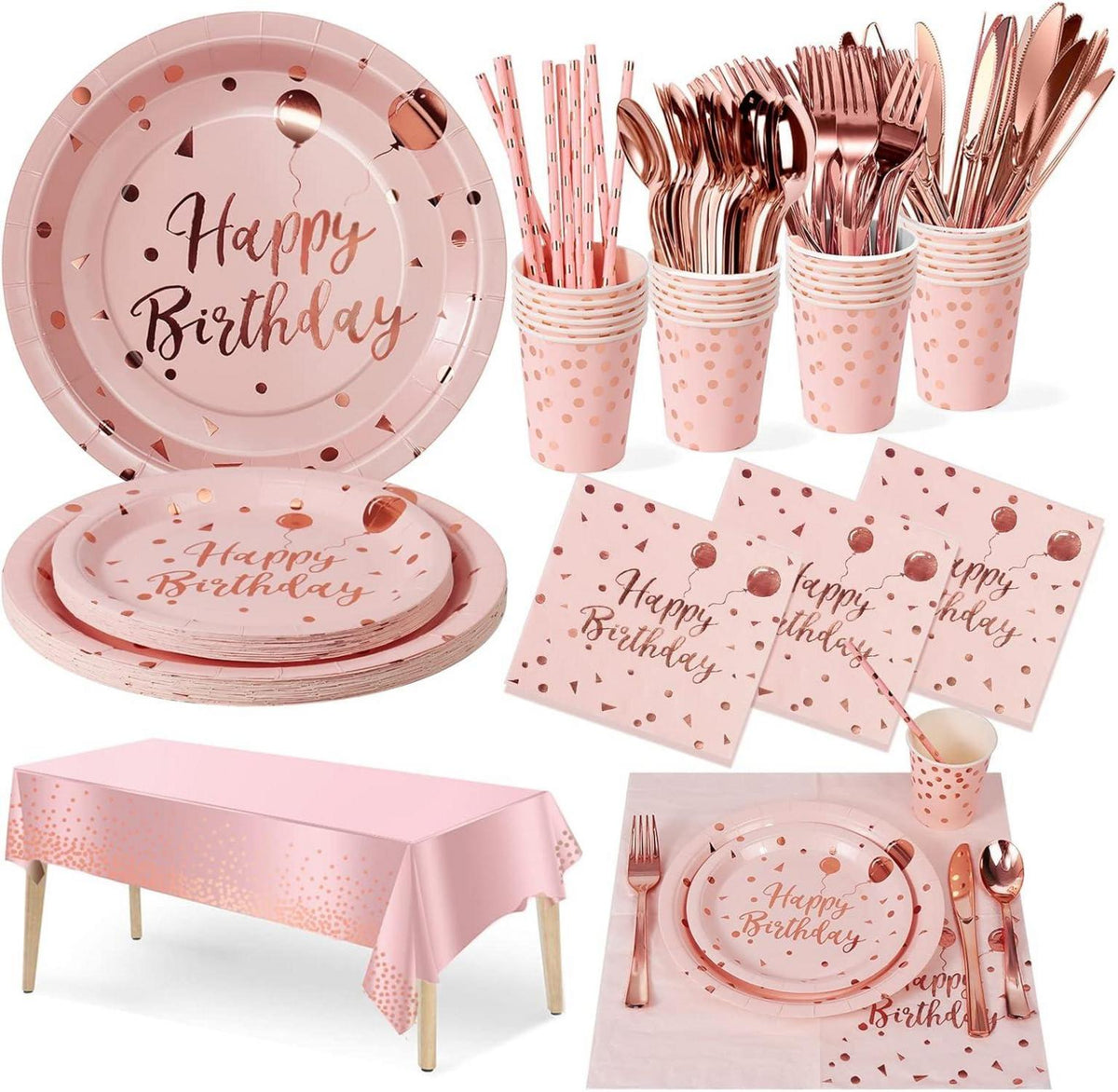 Partygeschirr Set 161-teilig für Kindergeburtstag Rotgold & Pastell