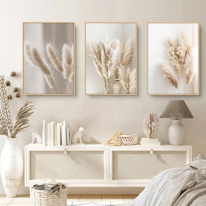 3er Poster Set Schilf – Boho Wandbilder Leinwand Beige
