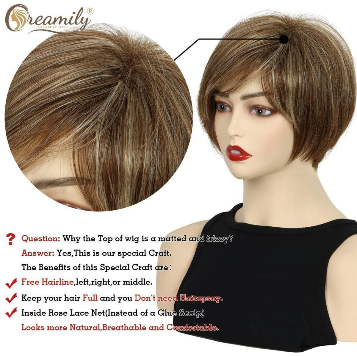 Braune Pixie Cut Damen Perücke mit Pony & Blond Highlights