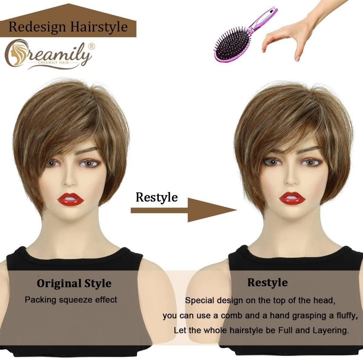 Braune Pixie Cut Damen Perücke mit Pony & Blond Highlights