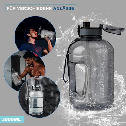 3L Sport-Trinkflasche mit Zeitmarkierung und Strohhalm (Grau)