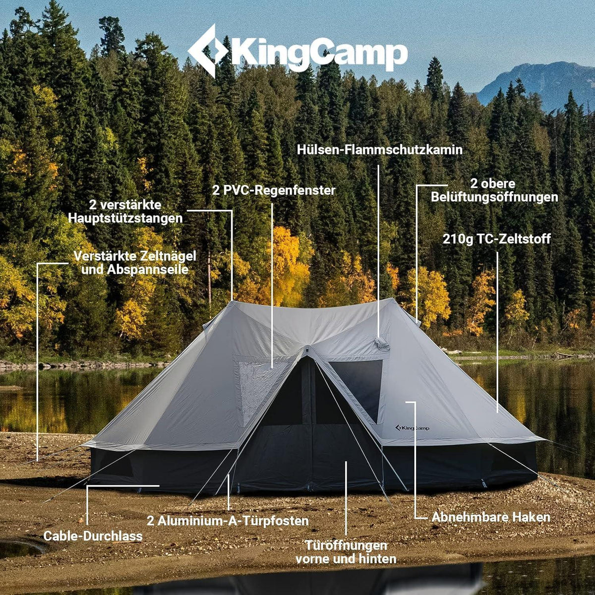 Glampingzelt für 6-12 Personen, Baumwolle, wasserdicht, mit Kaminöffnung