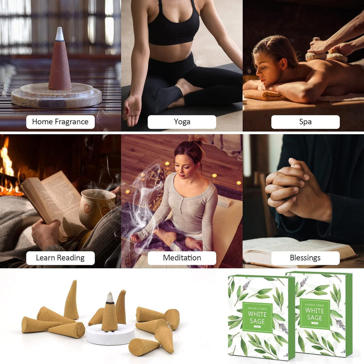 Räucherkegel Weißer Salbei 120 Stück mit Halter, für Entspannung & Yoga