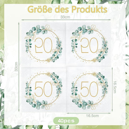 Servietten 50. Geburtstag Eukalyptus Gold Grün 40 Stück
