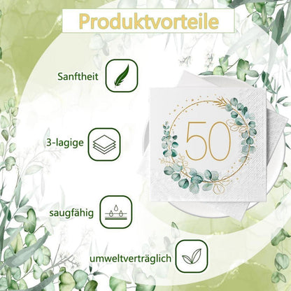 Servietten 50. Geburtstag Eukalyptus Gold Grün 40 Stück