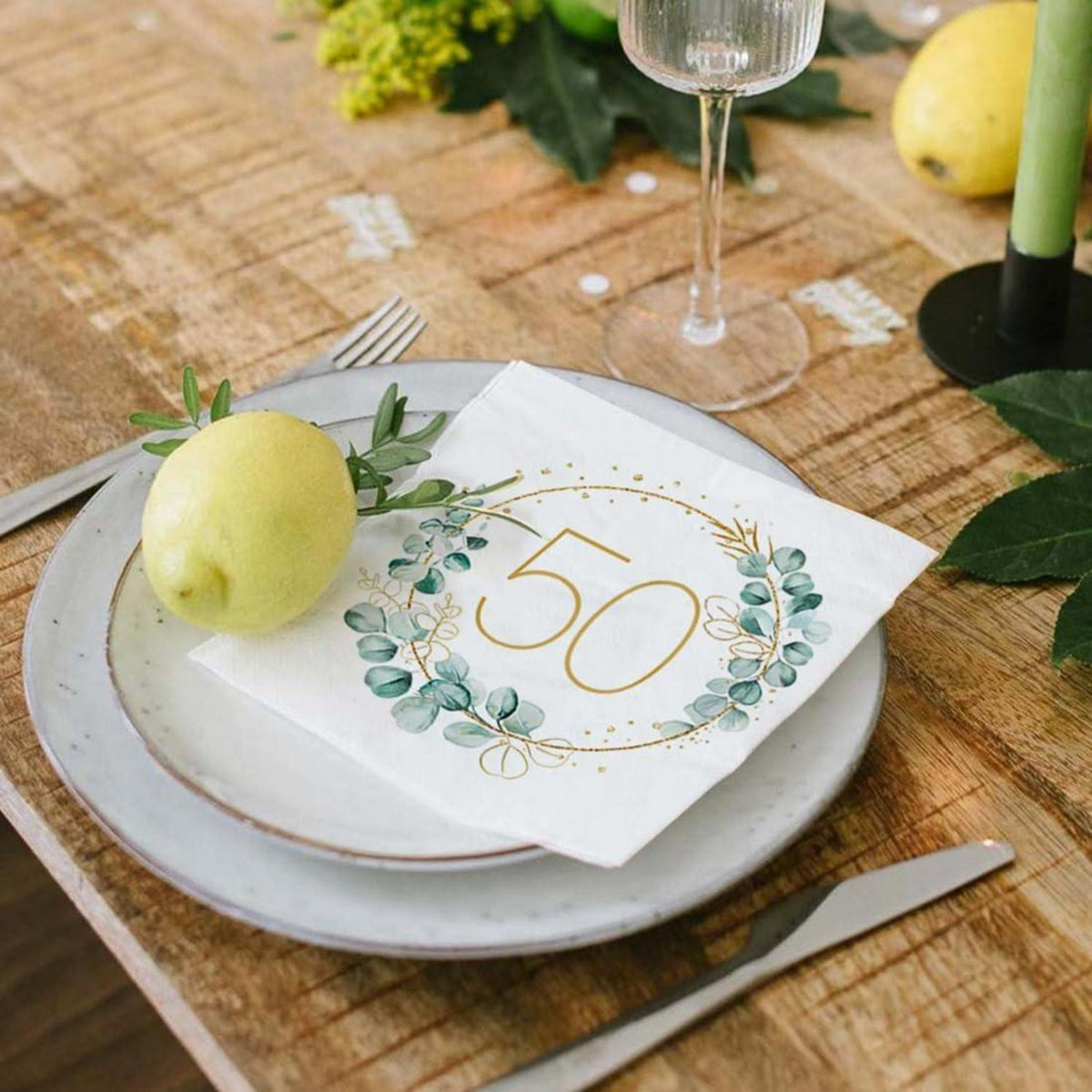Servietten 50. Geburtstag Eukalyptus Gold Grün 40 Stück