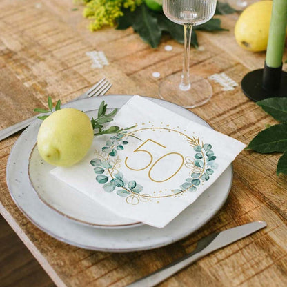 Servietten 50. Geburtstag Eukalyptus Gold Grün 40 Stück