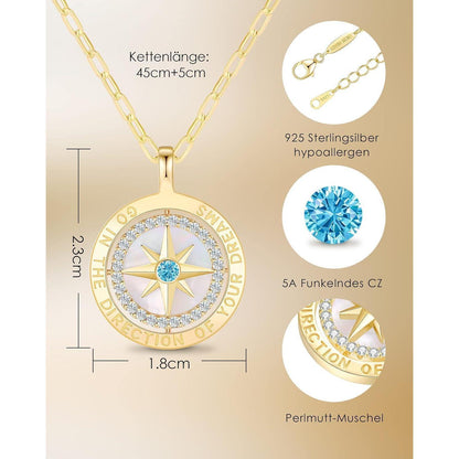 Silber 925 Kompass Halskette Damen mit Zirkonia & Geschenkbox