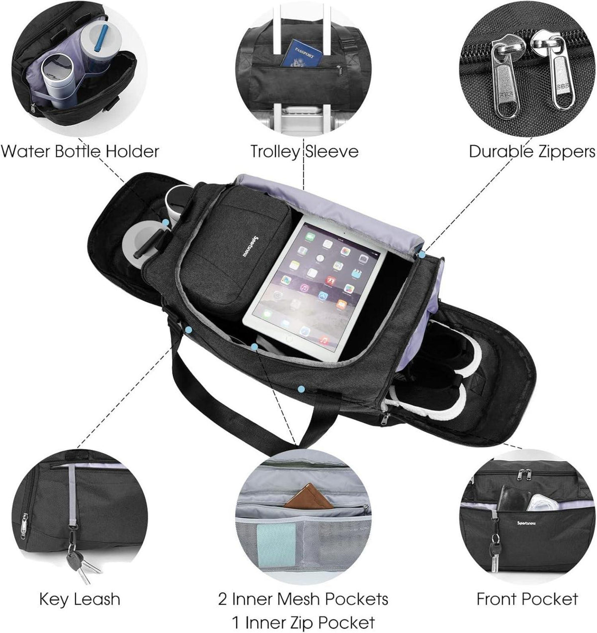 Sporttasche Herren Damen Rucksack Reisetasche mit Schuhfach Nassfach Schwarz