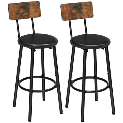 Barhocker Set 2x mit Rückenlehne & Fußstütze – Vintagebraun/Schwarz